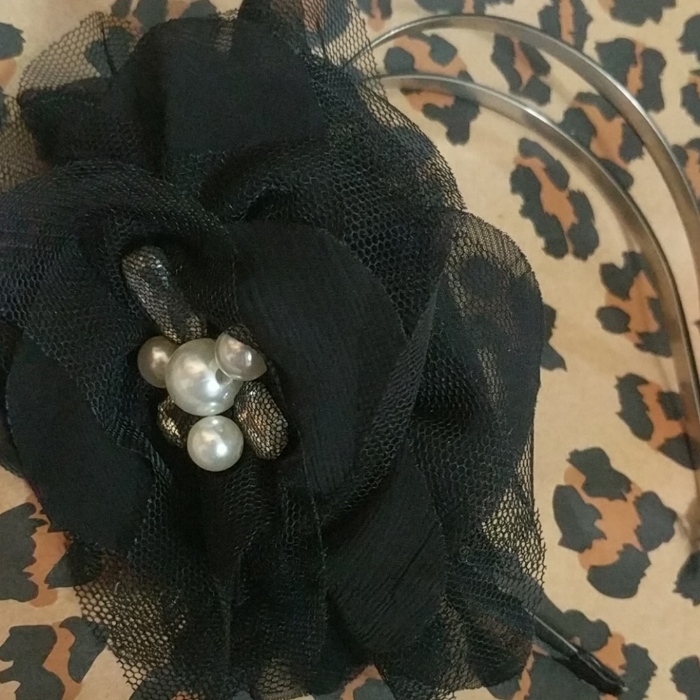 Black satin headband with flower